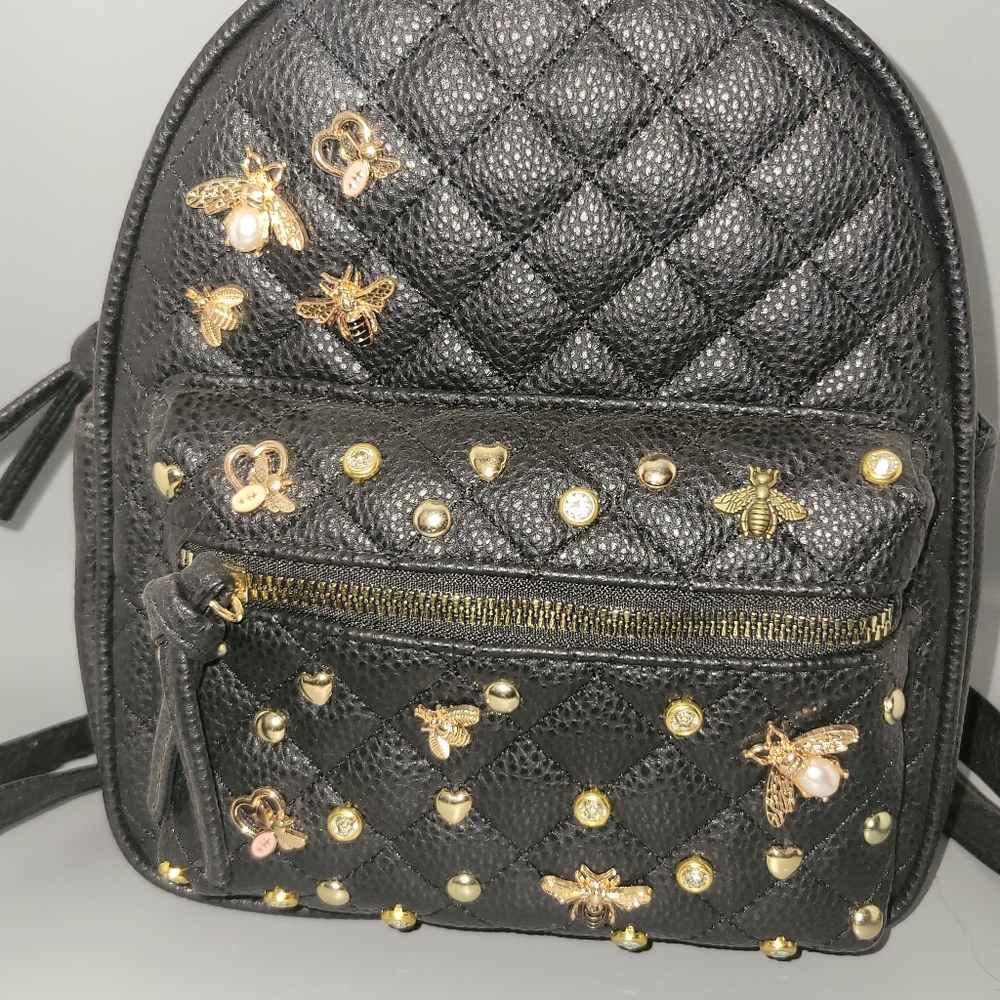 Black Backpack Mini, embellished with gold bees